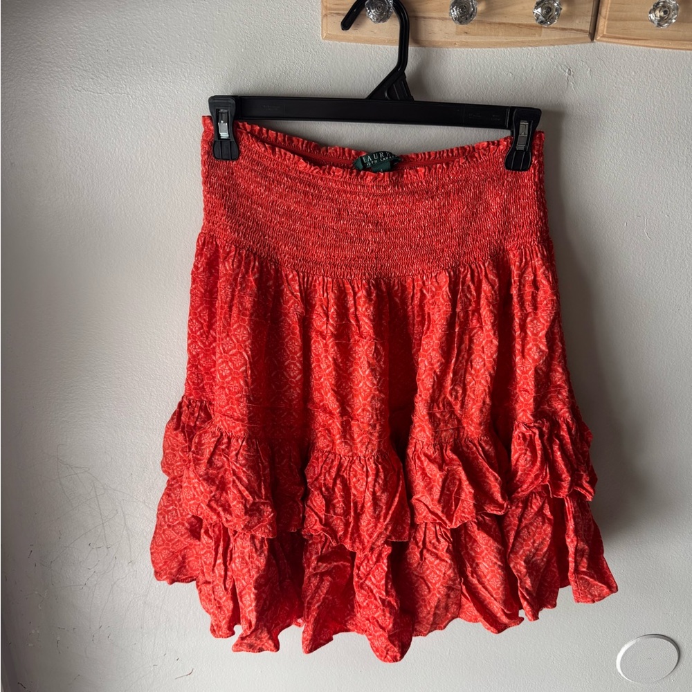 Lauren Ralph Lauren Orange Floral Smocked Tiered Mini Skirt - EUC